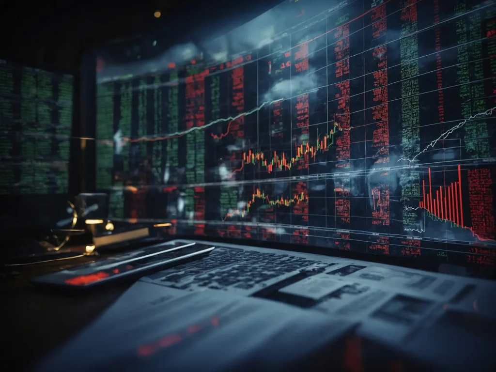 Stock market data displayed on multiple computer screens with financial charts and numbers, illustrating various investment terms.