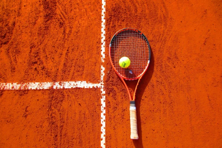 Tennis racket and ball on a clay court, symbolizing the dedication and training of Novak Djokovic.