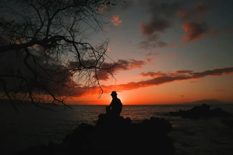 Person meditating by the ocean at sunset, reflecting on inner peace and mental well-being.